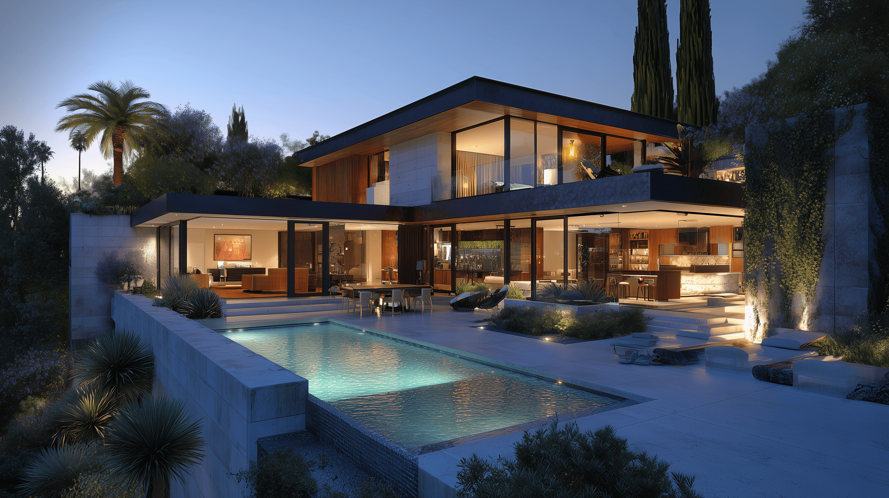 Contemporary hillside home with a lit pool at dusk
